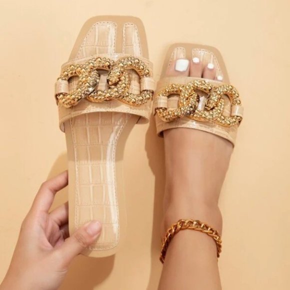 . Shoes - TAN Crocodile Embossed Chain Decor Slide Sandals